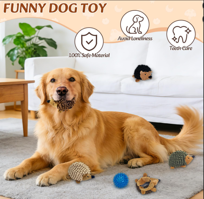 2-in-1 Plush Hedgehog Dog Toy Set – 5 Pack