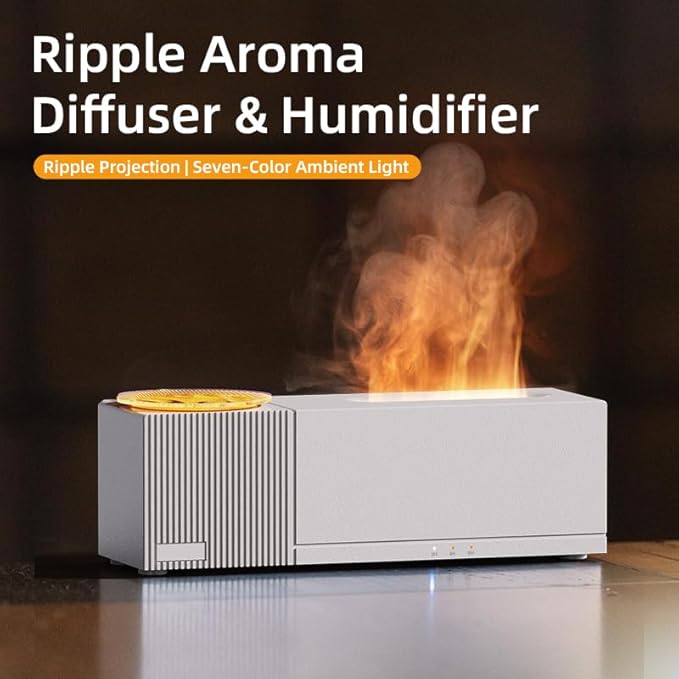 Essential Oil Diffuser, Ripple Projection Vibe Flame Oil Diffuser - Aromatherapy Aroma Humidifier, Upgrade 7 Flame Colors Noiseless 150ml Remote - Perfect for Bedroom Home Office (Ripple White)