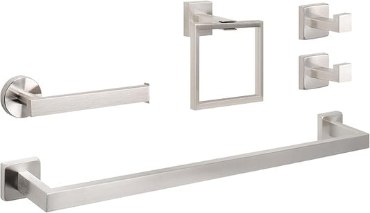 NearMoon 5 Pieces Bathroom Hardware Set 304 Stainless Steel, Square Towel Rack Kit - 24" Towel Rod + Towel Ring + Toilet Paper Holder + 2 Robe Hooks, Wall Mounted Bath Accessories (Brushed Nickel)