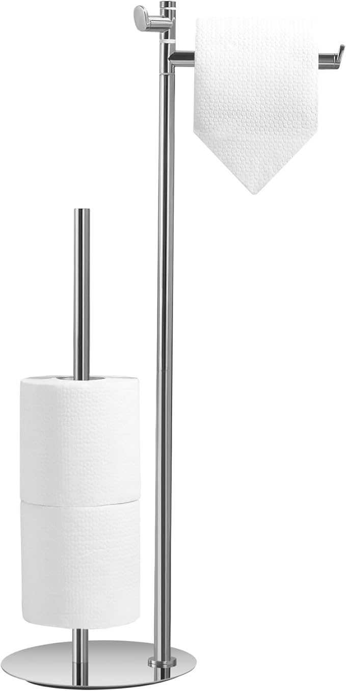 BVL Toilet Paper Holder Stand Chrome Stainless Steel Free Standing Toilet Paper Holder with Hook