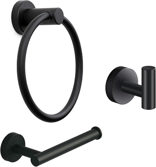 Marmolux Acc - 3 Piece Bathroom Hardware Set with Matte Black Toilet Paper Holder, Towel Ring & Towel Hook - Stainless Steel Matte Black Bathroom Accessories Set. - Bathroom Accessory - Bathroom Set