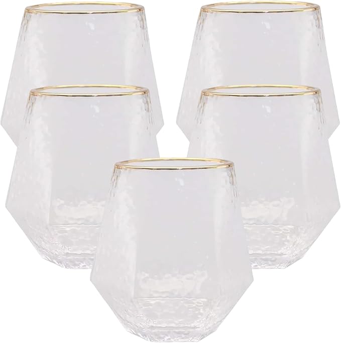 Oojami 40 count Diamond Unbreakable Stemless Plastic Wine Champagne Whiskey Glasses Elegant Durable Disposable Indoor Outdoor Ideal for Home, Office, Bars, Wedding, 12 Ounce Cups (Hammered Gold Rim)