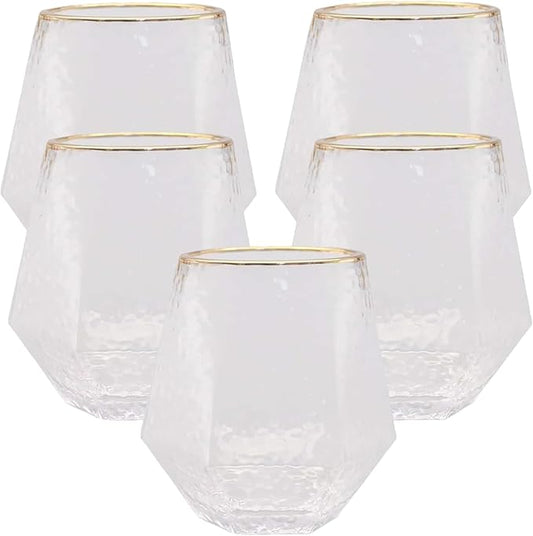 Oojami 40 count Diamond Unbreakable Stemless Plastic Wine Champagne Whiskey Glasses Elegant Durable Disposable Indoor Outdoor Ideal for Home, Office, Bars, Wedding, 12 Ounce Cups (Hammered Gold Rim)