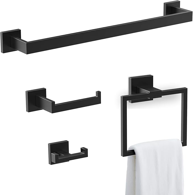 BOZWELL 4 Pieces Matte Black Bathroom Hardware Accessories Set Square Towel Racks for Bathroom 23.6 inch Stainless Steel Towel Bar Set Wall Mounted