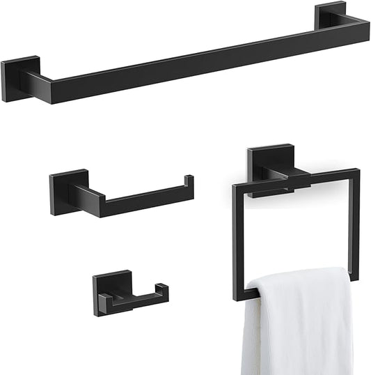 BOZWELL 4 Pieces Matte Black Bathroom Hardware Accessories Set Square Towel Racks for Bathroom 23.6 inch Stainless Steel Towel Bar Set Wall Mounted