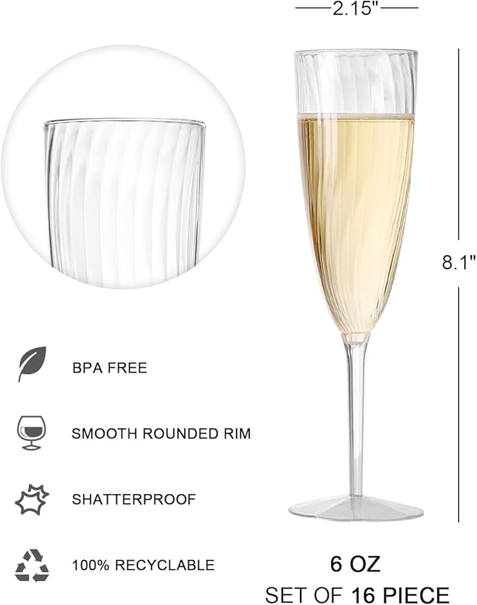 Clear Plastic Champagne Glasses, Hard Disposable Plastic Champagne Flute Ideal for Party Wedding Toasting Drinking Wine (6-OZ 16 Count)