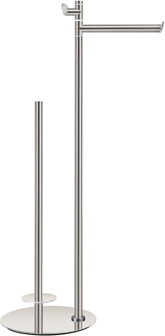 BVL Toilet Paper Holder Stand in Brushed Nickel, SUS304 Stainless Steel, Weighted Base, Holds 5 Jumbo Rolls, Waterproof Pad, Space-Saving Modern Bathroom Storage with Built-in Hook