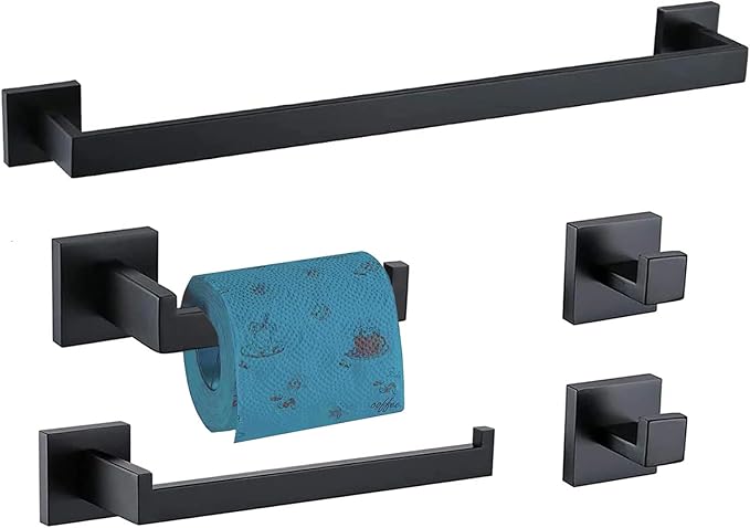 Bathroom Hardware Set 5 Piece Matte Black Bathroom Accessories Set SUS304 Towel Bar Set Includes Towel Bar 24 Inch+Towel Holder+Toilet Paper Holder+Towel Hook (5, Matte Black)