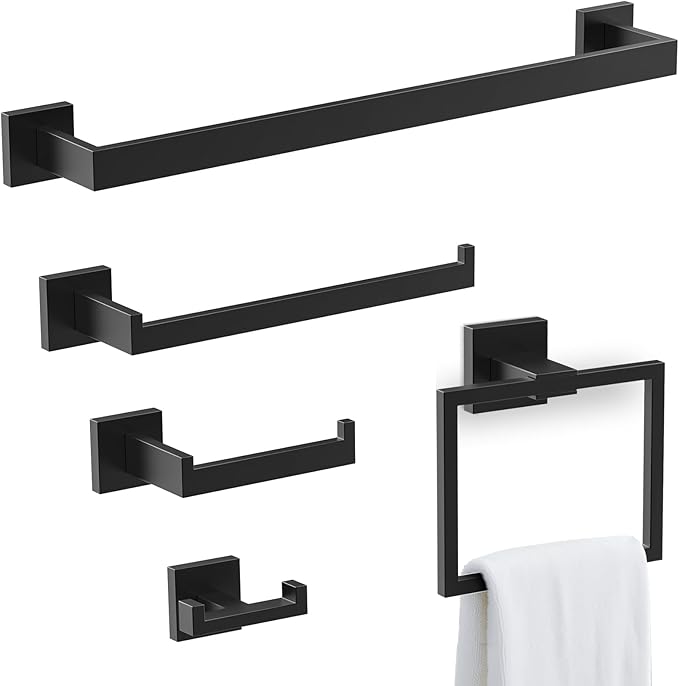 BOZWELL 5 Pieces Matte Black Bathroom Hardware Accessories Set Square Towel Racks for Bathroom 23.6 inch Stainless Steel Towel Bar Set Wall Mounted Towel and TP Set