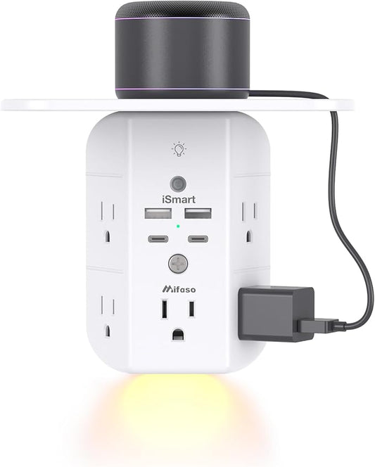 ☐ Wall Outlet Extender with Shelf & Night Light – USB Surge Protector
