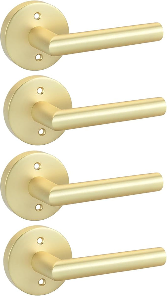 Goldenwarm Gold Door Handles Dummy, Bruhsed Gold Door Handle Zinc Alloy, No-Turning Dummy Door Levers for Closet Hallway(4 Pieces/2 Pack)
