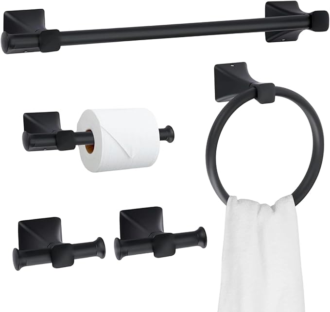 5 Piece Bathroom Hardware Accessories Set, SUS304 Stainless Steel Bath Towel Bar Set, 24 Inch Towel Racks for Bathroom Wall Mounted, Bath Towel Holder Set, Matte Black