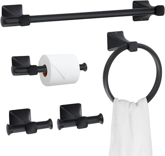 5 Piece Bathroom Hardware Accessories Set, SUS304 Stainless Steel Bath Towel Bar Set, 24 Inch Towel Racks for Bathroom Wall Mounted, Bath Towel Holder Set, Matte Black
