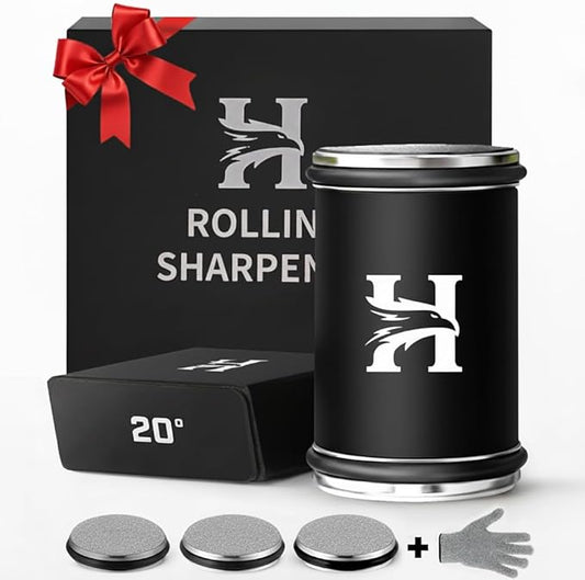 High Carbon Stainless Steel Rolling Knife Sharpener with 400, 1000 & 3000 Replacement Discs - Blunt Knife Sharpening Kit with 15 and 20 Degree Sharpening for Kitchen & Chef's Knives (BLACK) (Black)