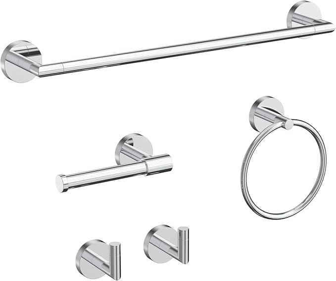 LAKETON Collection, 5-Piece Bathroom Hardware Accessories Set, Towel Ring, Adjustable Expandable Towel Bar, Two Towel and Robe Hook, Toilet Paper Holder, Wall Mounted, Plated Chrome