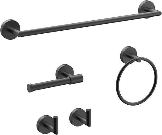 LAKETON Collection, 5-Piece Bathroom Hardware Accessories Set, Towel Ring, Adjustable Expandable Towel Bar, Two Towel and Robe Hook, Toilet Paper Holder, Wall Mounted, Matte Black