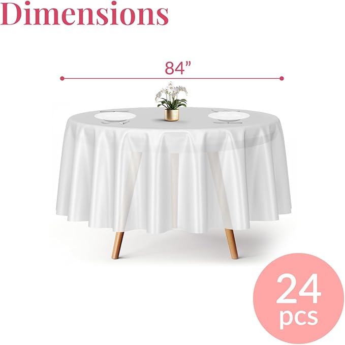 Prestee Plastic Round Tablecloths 84 Inches, 24 Pack White Disposable Table Cloths for Parties, Waterproof and Stain-Resistant Round Table Covers for Weddings, Holidays, Events, and Fine Dining
