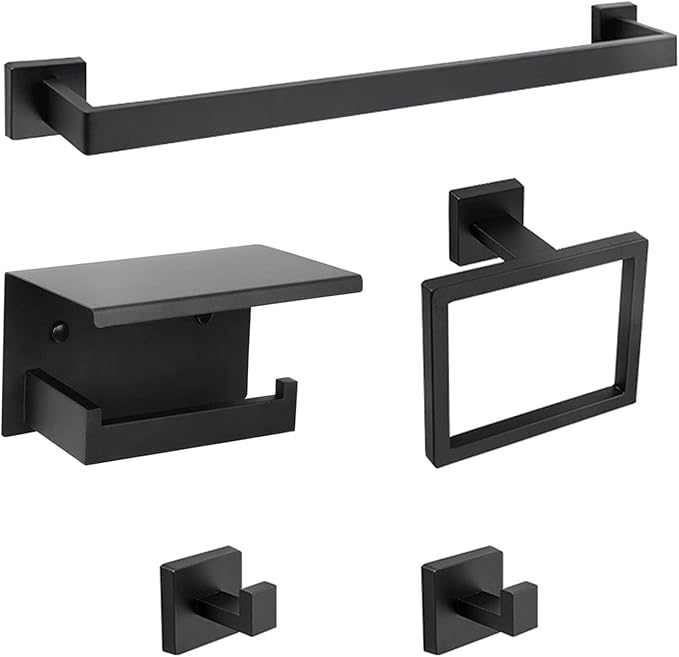 Bathroom Towel Bar Holder Sets Matte Black 5-Piece Bathroom Hardware Set Stainless Steel Bath Accessories Kit. Wall Mounted,23.6 Inch