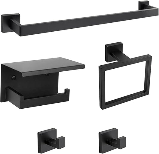 Bathroom Towel Bar Holder Sets Matte Black 5-Piece Bathroom Hardware Set Stainless Steel Bath Accessories Kit. Wall Mounted,23.6 Inch