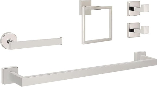 NearMoon 5 Pieces Bathroom Hardware Set 304 Stainless Steel, Square Towel Rack Kit - 24" Towel Rod + Towel Ring + Toilet Paper Holder + 2 Robe Hooks, Wall Mounted Bath Accessories (Chrome Finish)