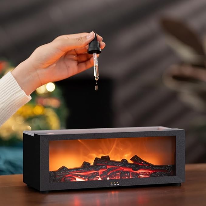 Essential Oil Diffuser, Fireplace Flame Oil Diffuser - Aromatherapy Aroma Humidifier, Upgrade 7 Flame Colors Noiseless 150ml Remote Control - Perfect for Bedroom Home Office (Fireplace Black)
