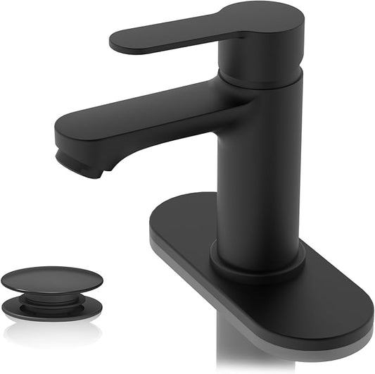 BELZ Bathroom Faucet, Single Handle Matte Black Sink Faucet for 1 or 3 Hole Installation, Modern Lead-Free Metal Vanity Faucet with Pop-Up Drain & Supply Hoses (Matte Black)