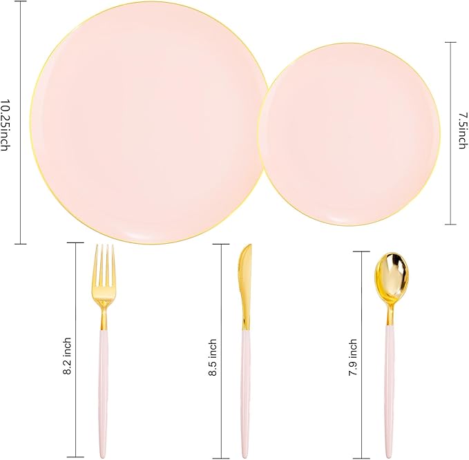 Liacere 150PCS Plastic Plates-Gold Plastic Silverware with Pink Handle - Pink Disposable Plates Include 30 Guests Plates, Forks, Spoons, Knives for Wedding＆Easter Day＆Mother's Day＆Valentine's Day