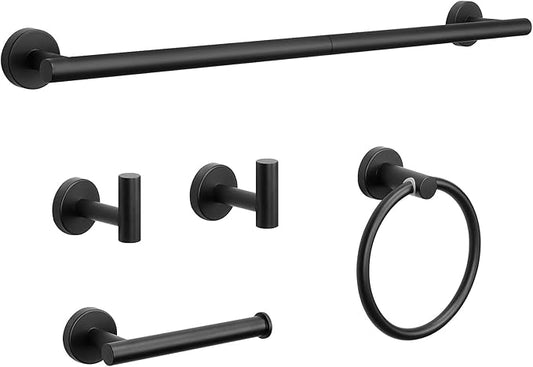 NearMoon 5 Pieces Bathroom Hardware Set SUS304 Thicken Stainless Steel-Towel Rack Kit Include 24" Towel Rod +Bath Towel Ring +Toilet Paper Holder +2 Robe Towel Hooks Bath Accessories (Matte Black)