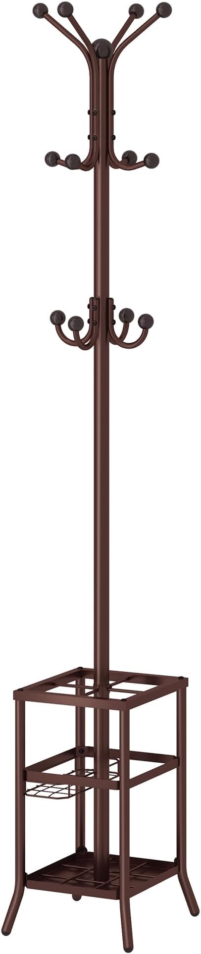 FAVOOSTY Coat Rack Freestanding,Coat Rack Stand with Umbrella Holder,Metal Coat Tree with 12 Hooks,Tree Clothes Hat for Entryway, Hallway, Bedroom, Living Room & Office -Brown