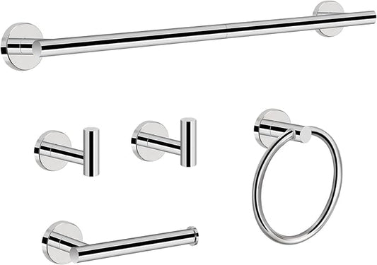 NearMoon 5 Pieces Bathroom Hardware Set SUS304 Thicken Stainless Steel-Towel Rack Kit Include 24" Towel Rod + Bath Towel Ring + Toilet Paper Holder +2 Robe Towel Hooks Bath Accessories (Chrome Finish)