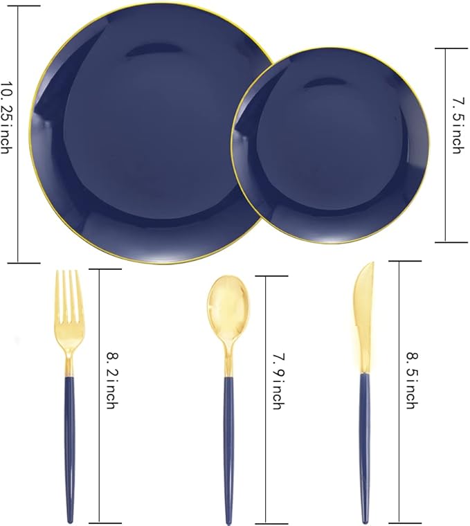 Liacere 150PCS Blue Plastic Plates - Gold Plastic Silverware with Blue Handle - Navy Disposable Plates Include 30 Guests Plates,Forks,Spoons,Knives for Hanukkah & New Year & Washington's Birthday
