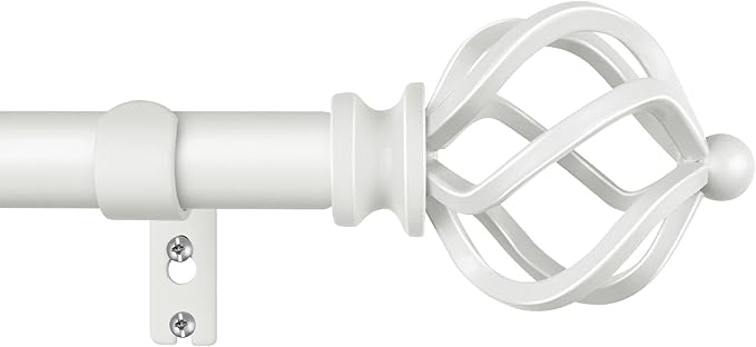 KAMANINA Curtain Rods for Windows 66 to 120 Inch, 3/4 Inch White Curtain Rod 32 to 115 Inches (2.6-9.6ft) Splicing Adjustable Single Drapery Rod with Twisted Cage Finial