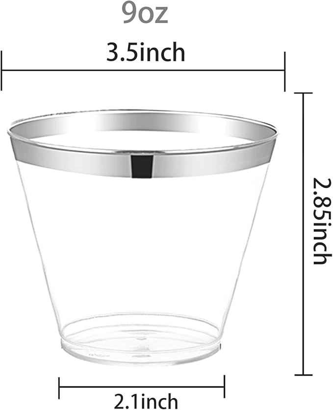 Ciaell 200PCS Silver Plastic Cups - 9Oz Heavy Duty Plastic Cups - Silver Rimmed Cup - Disposable Clear Cup with Silver Rim for Party & Wedding