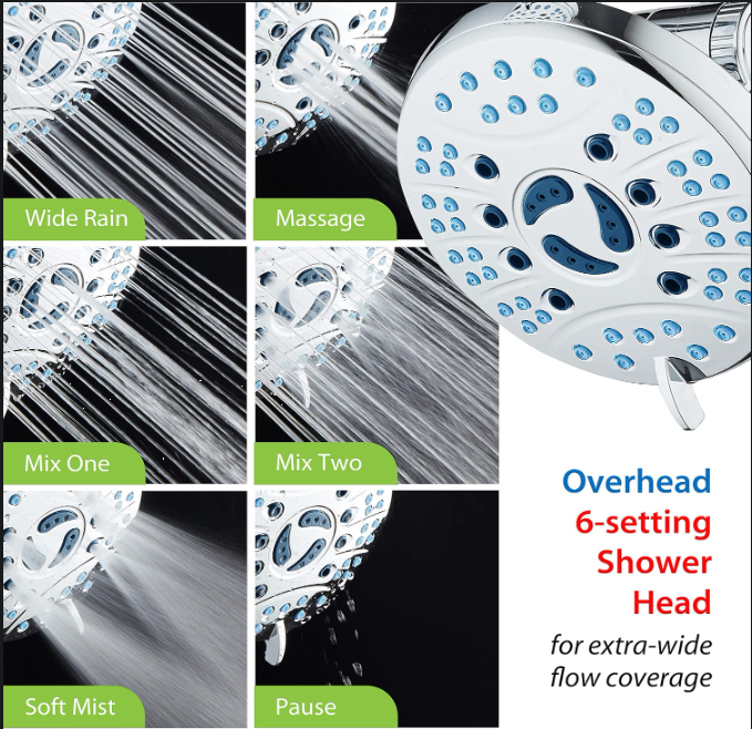 6-setting shower head with wide rain, massage, mist and mixed spray modes