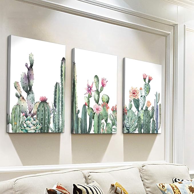 Canvas Wall Art For Living Room Family Wall Decor For Bedroom Kitchen Wall Art Pictures Artwork Prints Green Succulent Cactus Wall Painting Modern Framed Bathroom Home Decorations 12" X 16"3 Piece