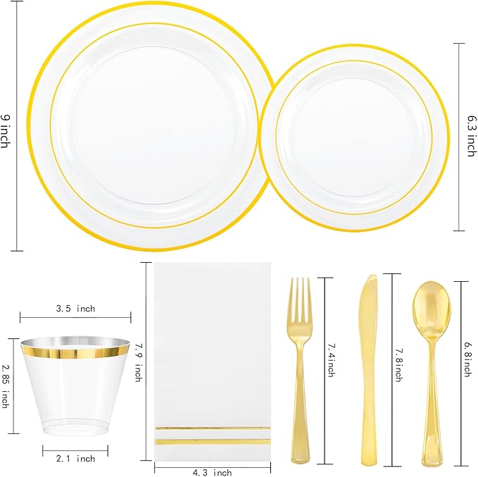 GATHER 350PCS Clear Gold Plastic Plates - Disposable Gold Dinnerware Sets Includes 100 Gold Rim Plastic Plates, 150 Silverware, 50 Napkins, 50 Cups for Party, Wedding & Christmas