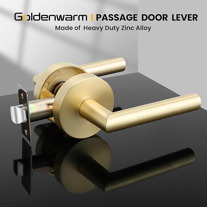 Goldenwarm Gold Closet Door Handles Interior, Brushed Brass Interior Passage Door Handles, Heavy Duty Zinc Alloy Brushed Gold Door Lever for Hall and Closet (1 Pack)