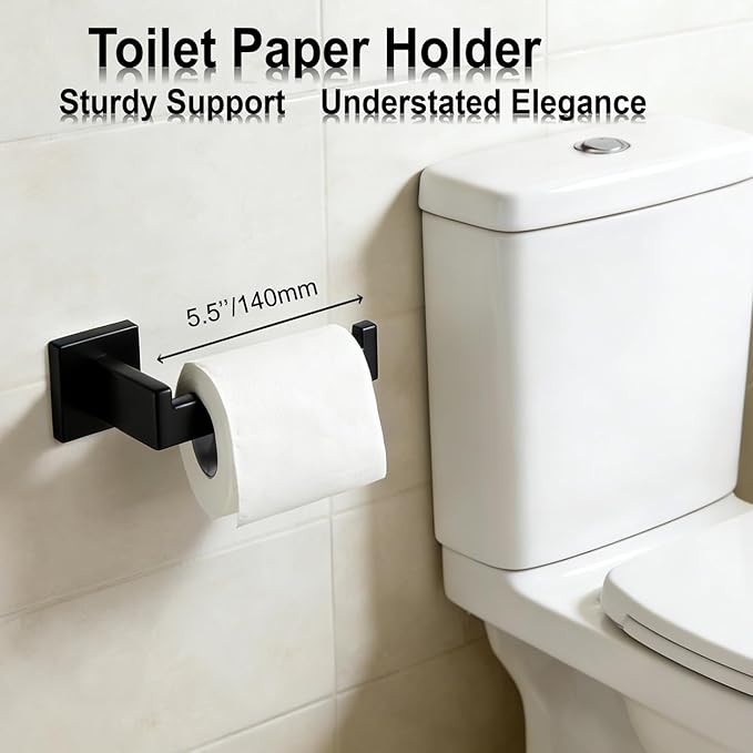 Bathroom Hardware Set 4 Piece Matte Black Bathroom Accessories Set SUS304 Towel Bar Set Includes Towel Bar 16 Inch+Towel Holder+Toilet Paper Holder+Towel Hook (4, Matte Black)