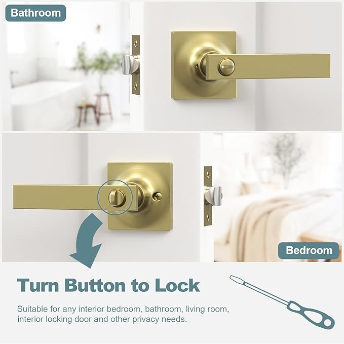 4 Pack Brushed Gold Door Handles - Privacy Door Levers Set, Keyless Interior Door Knobs, Modern Heavy Duty Square Door Lock for Bedroom or Bathroom, Reversible for Left Right Sided Doors