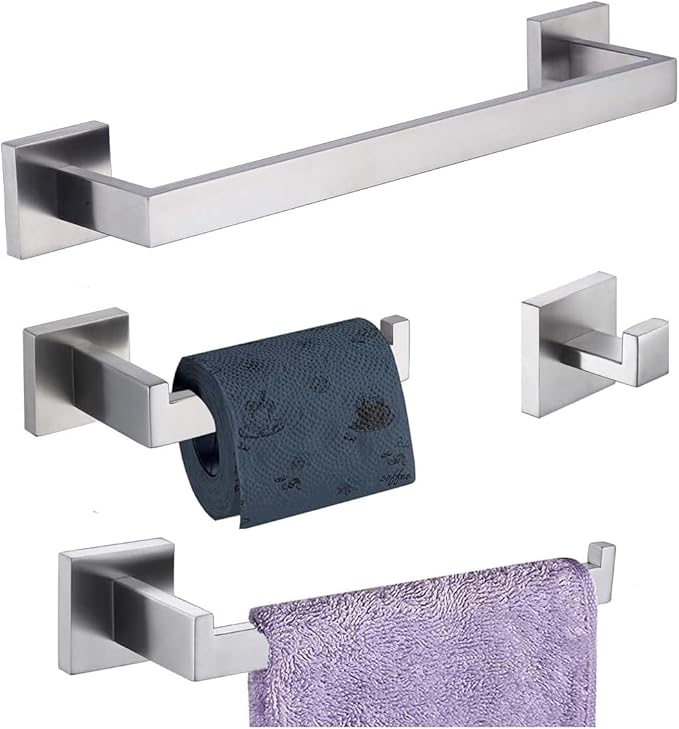 Bathroom Hardware Set 4 Piece Brushed Nickel Bathroom Accessories Set SUS304 Towel Bar Set Includes Towel Bar 16 Inch+Towel Holder+Toilet Paper Holder+Towel Hook (4, Brush Nickel)