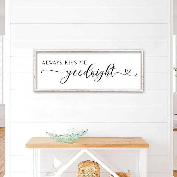 Always Kiss Me Goodnight Sign Wall Decor 40"X15" Master Bedroom Above Bed Large Wooden Framed for Couples Over Bed Wall Hanging Art (White)