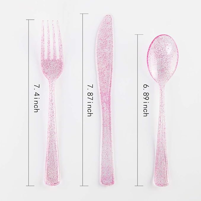 WDF Rose Gold Pink Plastic Plates with Pink Plastic Silverware include 40 Dinner & Salad Plates, 40Forks, 40 Knives, 40 Spoons for Wedding/Party/Valentine's Day