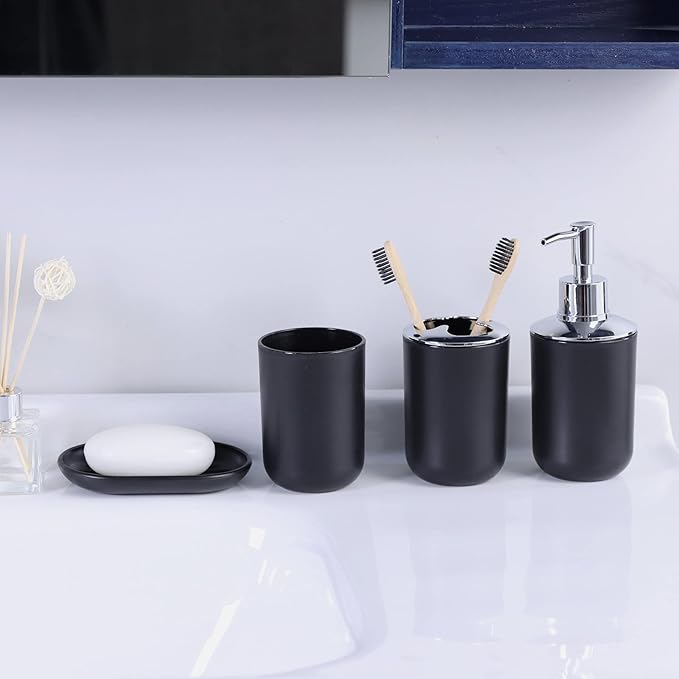 IMAVO Bathroom Accessories Set,Black Bathroom Set,7 Pieces Bathroom Accessory Set,Tray,Toilet Brush,Trash Can for Bathroom Décor and Housewarming Gifts