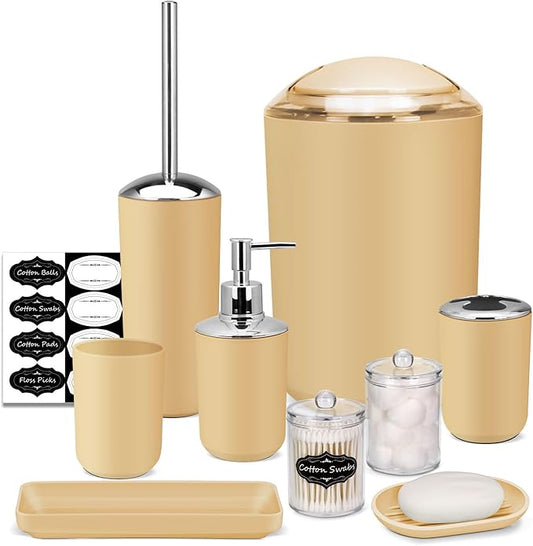 IMAVO Bathroom Accessories Set,Yellow Bathroom Set,9 Pieces Bathroom Accessory Set,Tray,Qtip Holders,Toilet Brush,Trash Can for Bathroom Décor and Home Gifts