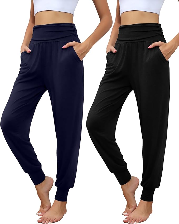 2 Pack Women's Yoga Joggers, Cozy Sweatpants with Pockets Casual Loose Comfy High Waisted Lounge Pants