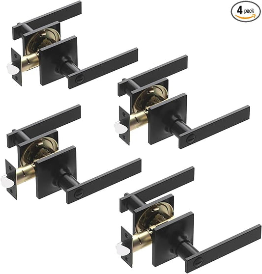 4 Pack Matte Black Door Handles - Privacy Door Levers Set, Keyless Black Interior Door Knobs, Modern Heavy Duty Square Door Lock for Bedroom or Bathroom, Reversible for Left Right Sided Doors