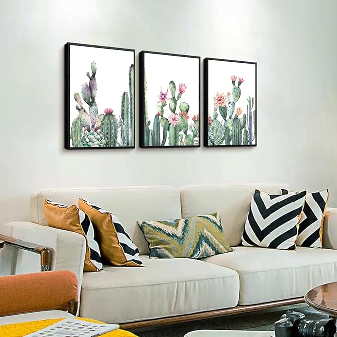 TTHYUEWS Black Framed Wall Art - 3 Piece Framed Prints - Green Succulent Cactus Wall Paintings - Living Room & Bedroom Decor