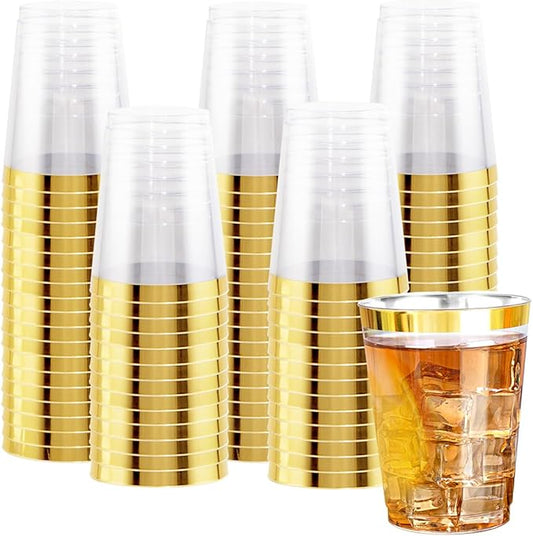 Ciaell 120PCS Gold Plastic Cups - 10Oz Heavy Duty Clear Plastic Cups with Gold Rim - Gold Rim Disposable Cups for Wedding, Birthday & Christmas
