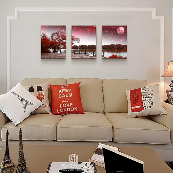 Wall Art For Living Room Canvas Prints Bedroom Wall Decor For Bathroom Artwork Abstract Painting Red Tree Moon Landscape Paintings 12" X 16" 3 Pieces Modern Framed Office Home Decorations For Kitchen