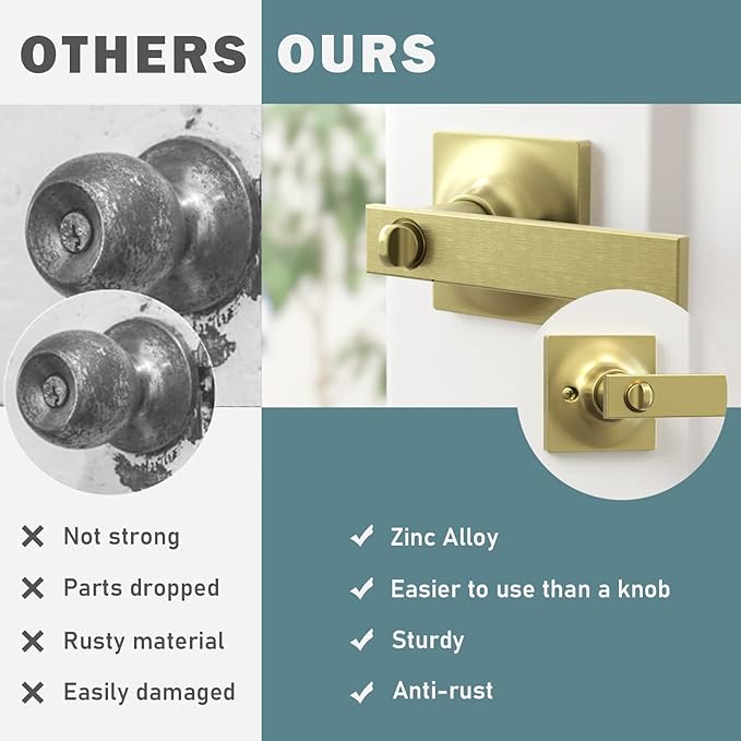 4 Pack Brushed Gold Door Handles - Privacy Door Levers Set, Keyless Interior Door Knobs, Modern Heavy Duty Square Door Lock for Bedroom or Bathroom, Reversible for Left Right Sided Doors